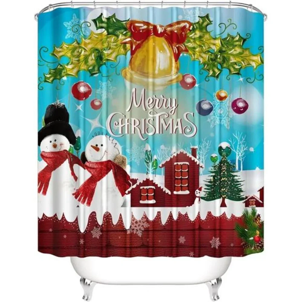 4Pcs Christmas Snowman Shower Curtain Sets Winter Jingle Bell Bathroom Set